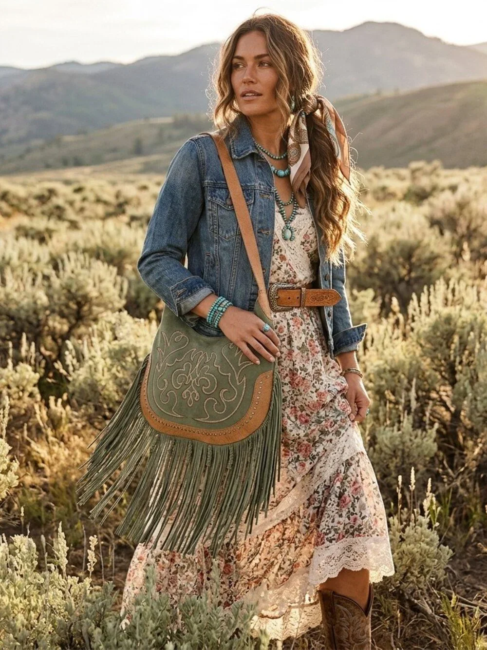 Sage Whisper Fringe Leather Bag in Green